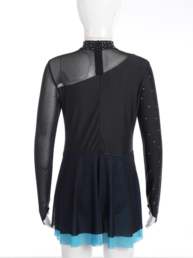 Kinder Mädchen Eiskunstlauf Tanz Performance Kleider Strass Mesh Patchwork Langarm Mock Neck Kleid Dancewear