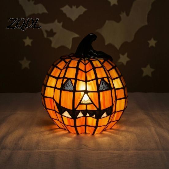 Halloween Themed Light 1/2Pcs Bow Pumpkin Light, Stained Glass Desk Lamp, Warm Night Spooky Jack-O-Lantern Nigh Decoration for Home Office
