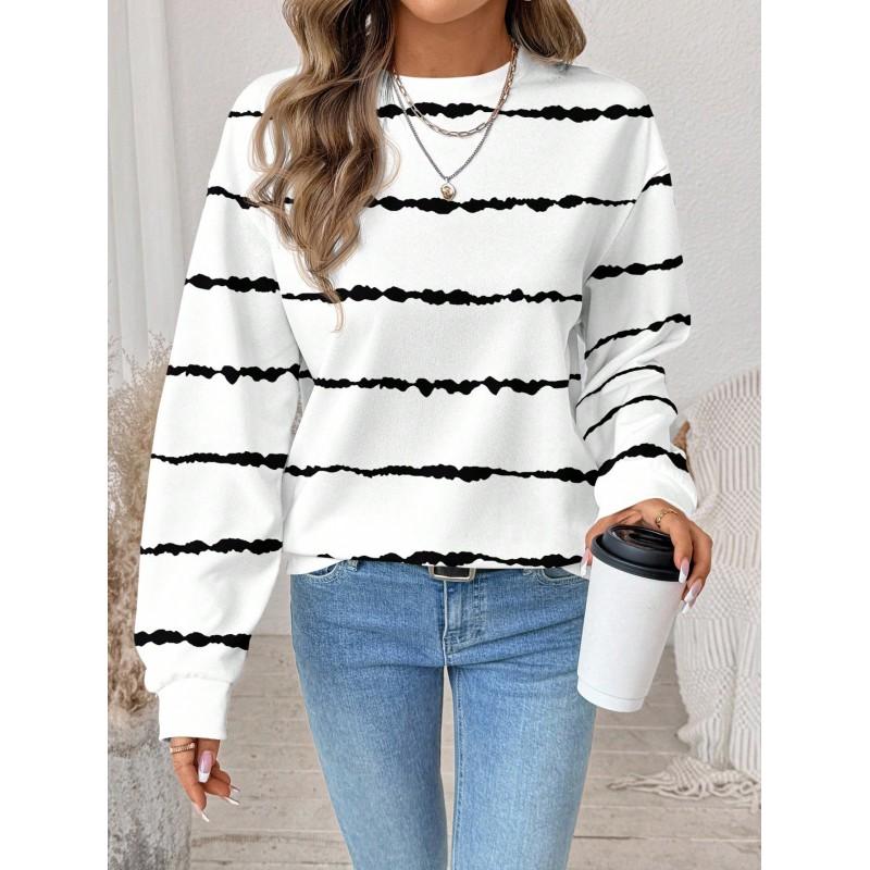 Womens Casual Striped Print Hoodie-Free Sweatshirt Loose Fit Round Neck Long Sleeve Top 2025