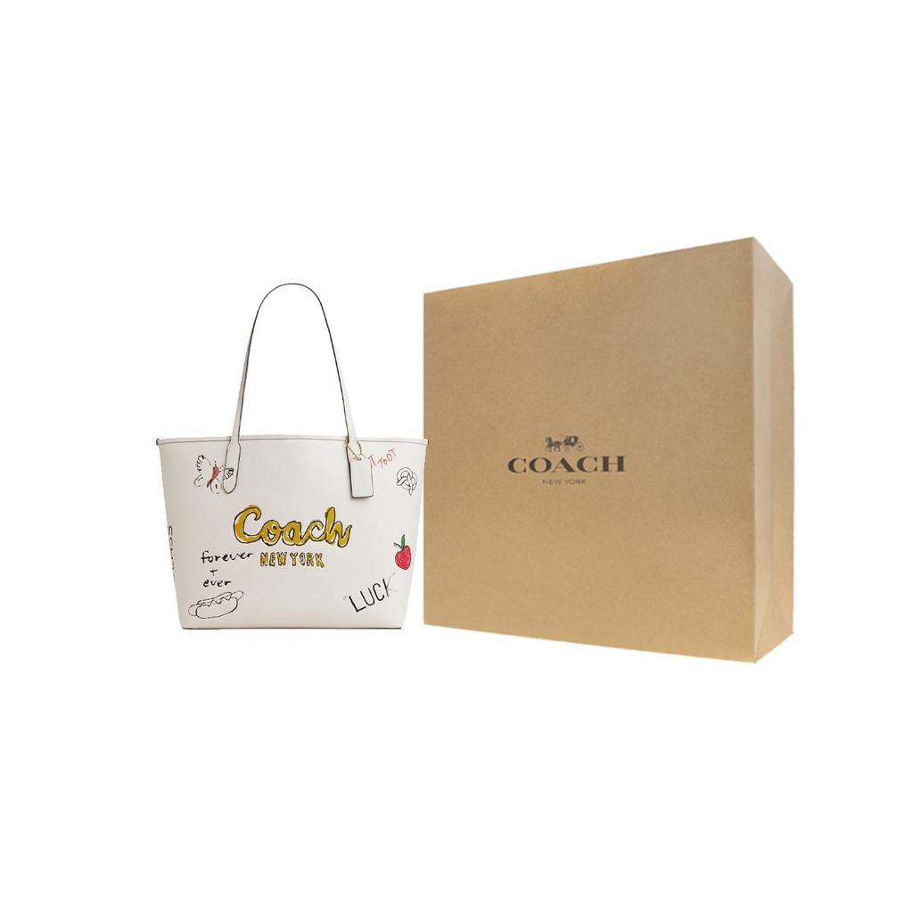 Coach City 33 Sketch Print Logo Leather Tote Bag Women Tote Bags Chalk-White CAK18-IMCAH
