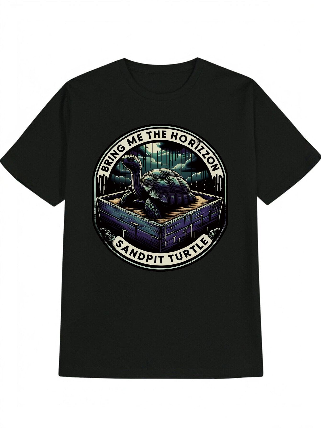 

Casual Graphic T-shirt with Sandpit Turtle & Mystical Forest Print - Black Round Neck Summer Tee M