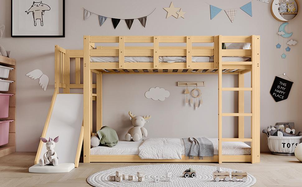 Bunk Bed, Wooden Bed with Stairs and Fences, with Bed Curtain, Slide, Children's Bed with Fall Protection and Guardrail, MDF+Pine, Natural, 90x200cm