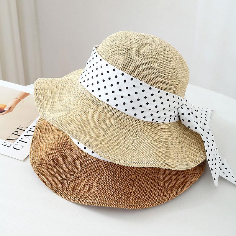 Korean Style Women's Straw Hat with Polka Dot Bowknot Curved Brim Hollow Breathable Fisherman Summer Hat