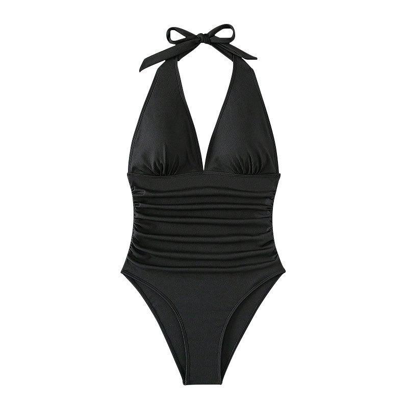 European and American Sexy V-neck One-piece Swimsuit Women's New Solid Color Bikini Beach Hot Spring Swimsuit