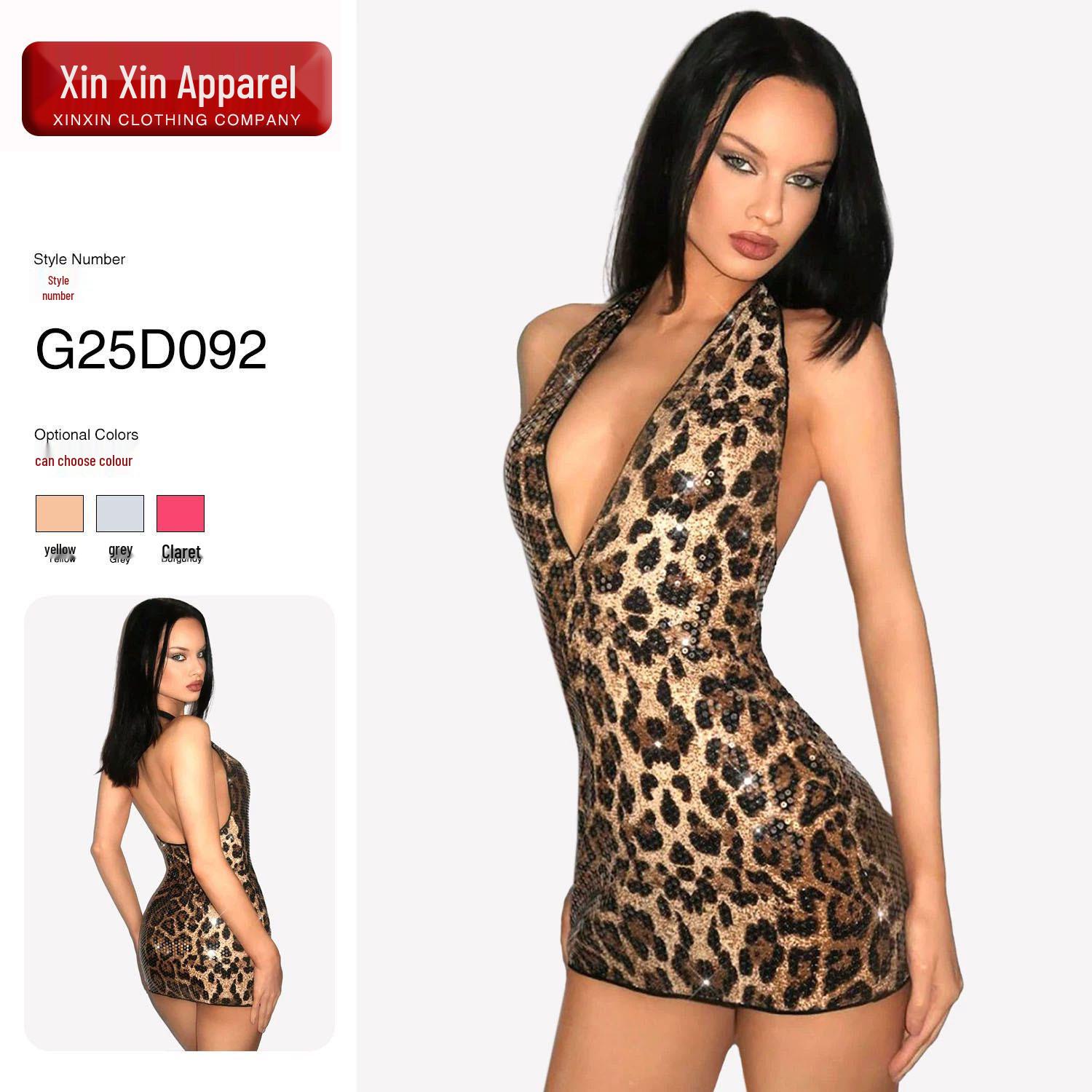 

European & American Sequin Leopard Print Halter Bodycon Dress - Sexy Party Skirt Extra Small золотой
