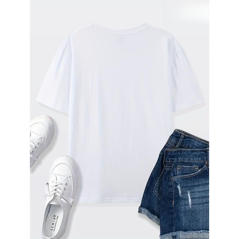 European Size Women's White Polyester T-Shirt with Pink Star Graphic - Casual, Comfortable, and Versatile for Home