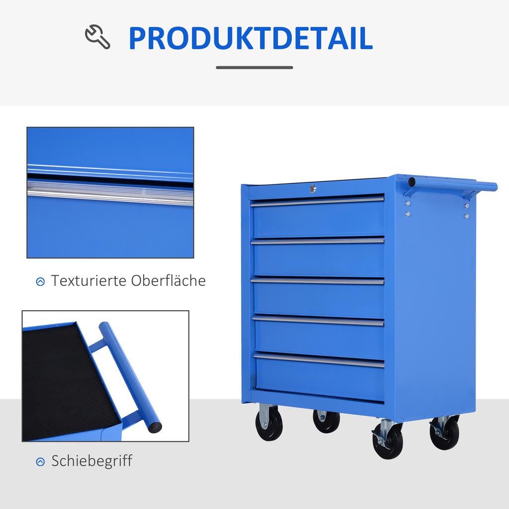 Mobile Werkstattwagen, Werkzeugwagen, Rollwagen, Werkzeugkasten mit 5 Schubladen, Blau