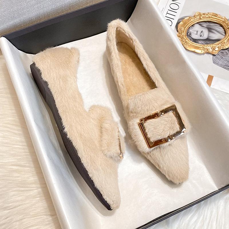 

Туфли на плоской подошве из меха норки с острым носком для женщин, мокасины с металлической пряжкой, женские удобные зимние туфли из хлопка с мягкой подкладкой, большой размер 43 4.5 бежевый
