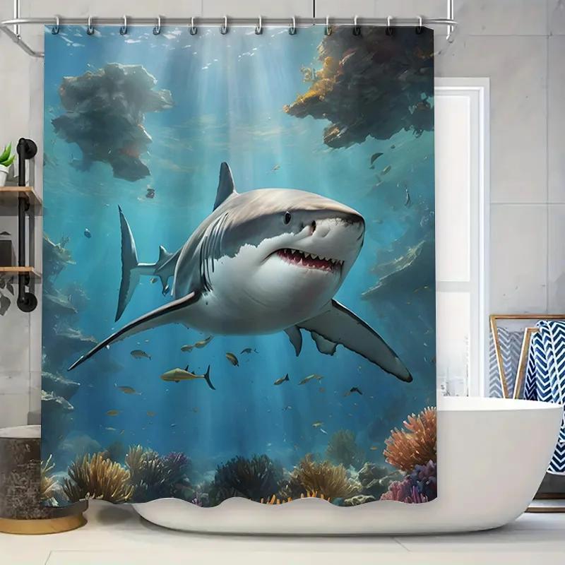 

Blue Ocean Shark Bath Curtain Coral Reef Fish Decor Shower Curtain for Home Bathroom Decoration Wall Hanging W90xH180cm