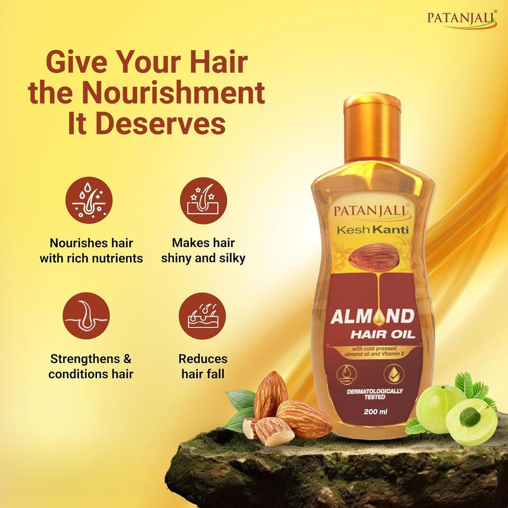 Patanjali Kesh Kanti Almond Hair Oil 200 Ml Deep Nourishing Lightweight Hair Care For Smooth Shiny Manageable Hair