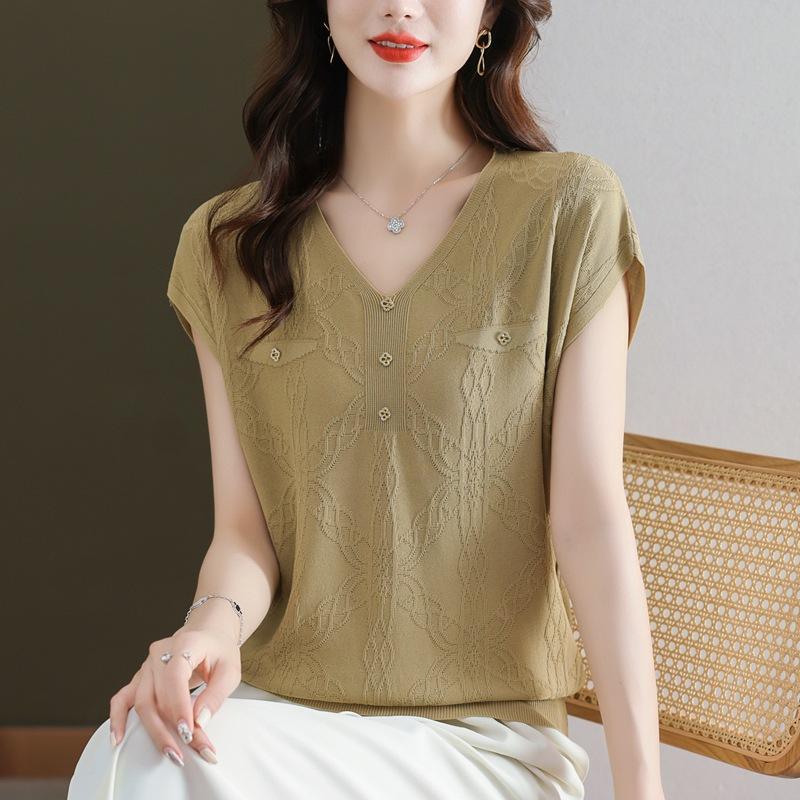 

Летняя футболка с V-образным вырезом и короткими рукавами из шелка Ice Silk, стильные свободные тонкие трикотажные топы, модный женский топ One Size верблюд