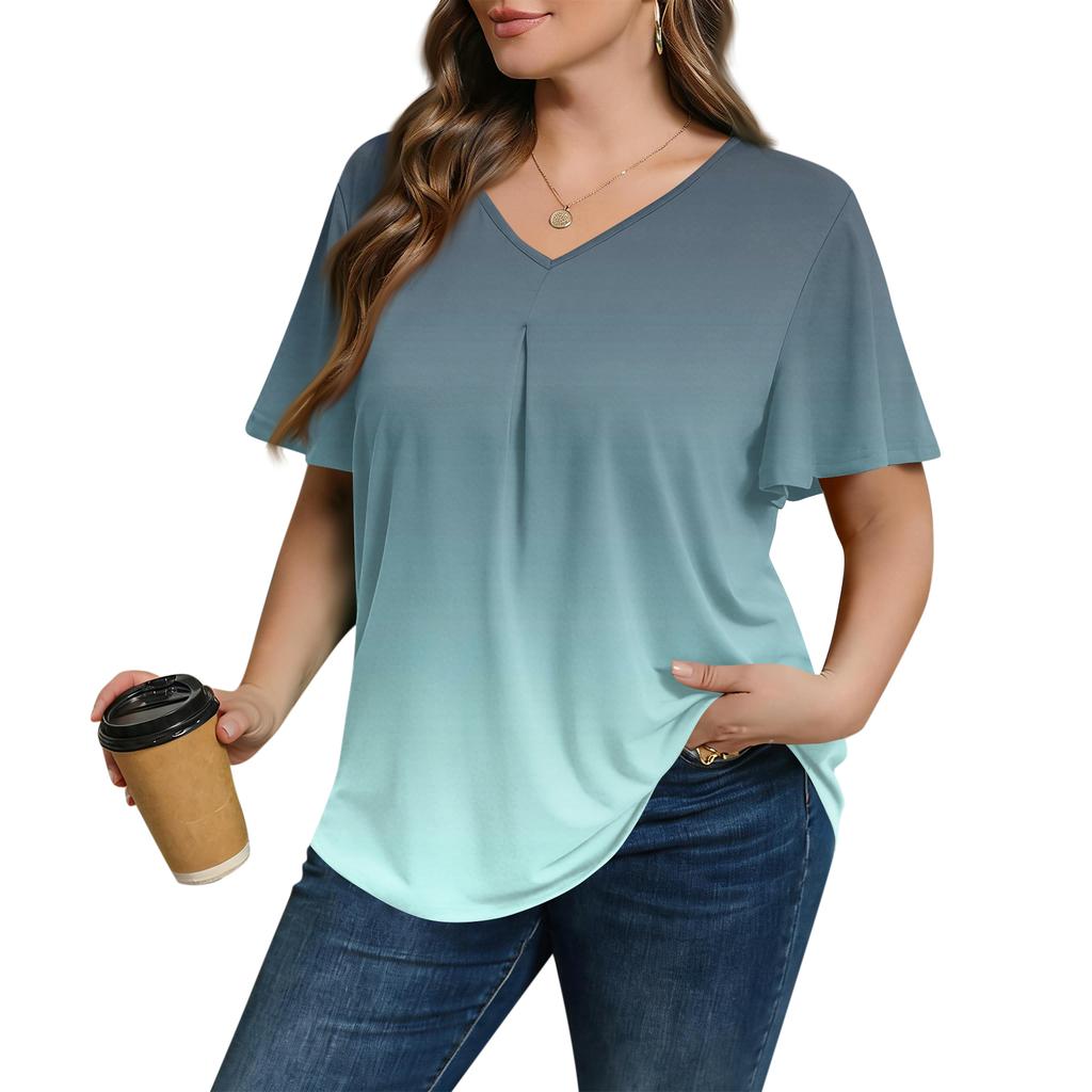 Damska Modna Codzienna Luźna Bluzka Plus Size z Krótkim Rękawem Elegancka z Dekoltem V Do Pracy