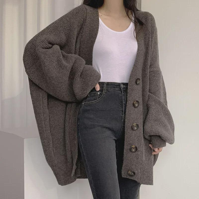 Korean Chic V-Neck Lantern Sleeve Knit Cardigan Sweater Coat
