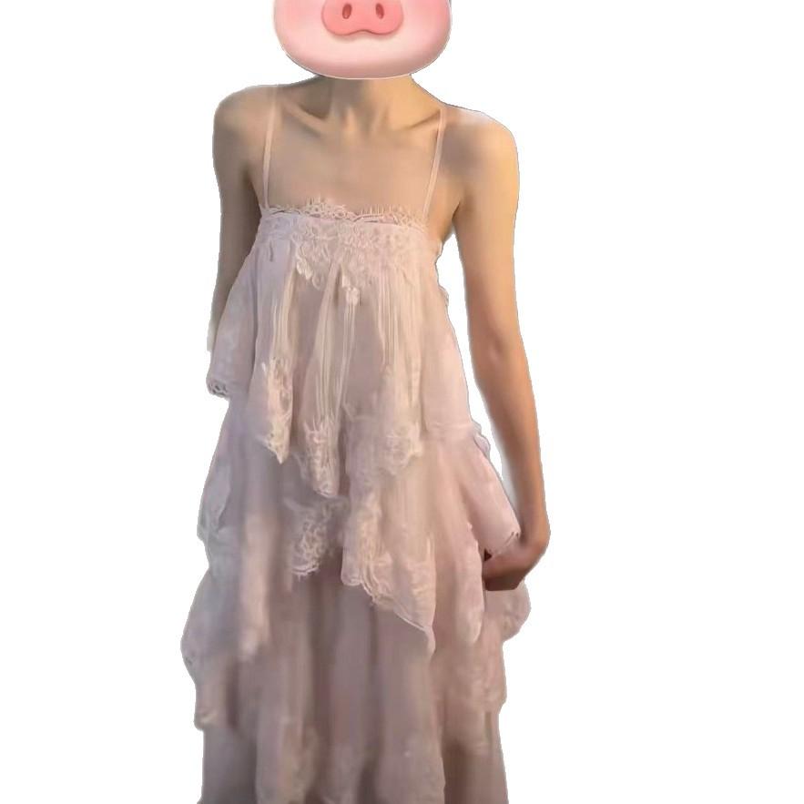 Seaside vacation gentle wind pink irregular lace suspender cake skirt summer unique beautiful loose dress