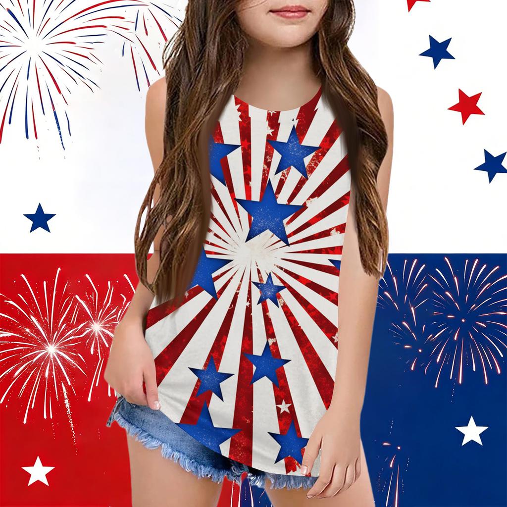 Girls  Kids Summer Crewneck Sleeveless Shirts Tank Tops Independence Day