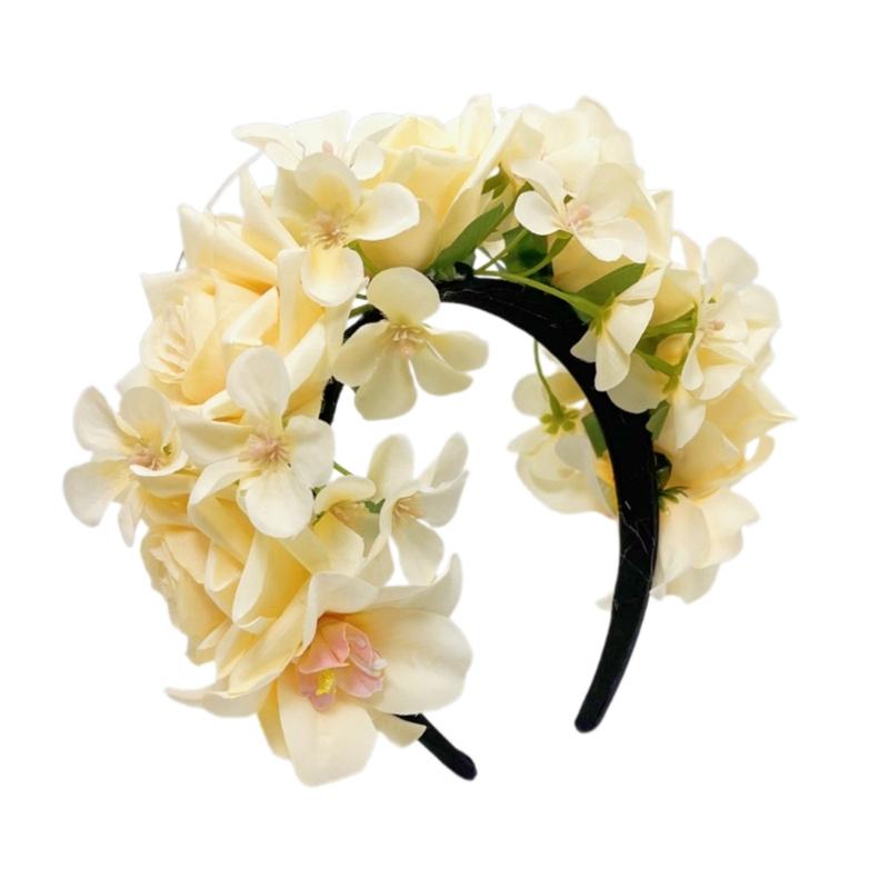Model Show Headband with Flower Rose Decors Ethnic Style Headband for Bride Summer Spring Headband for Wedding Party