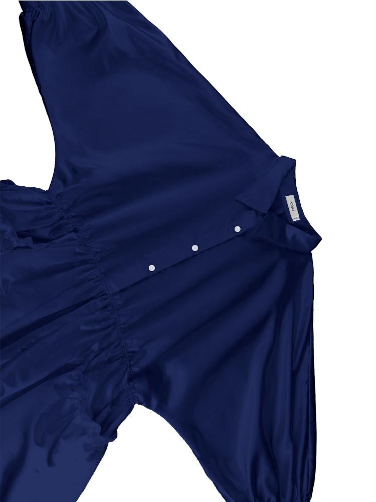 Elegant Women Blue A Line Satin Dress Turn Down Collar Short Puff Sleeves Pleated Shine Classy Evening Party Wedding Guest Gown