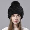 Natural Mink Fur Hats Women Knitted Beanies Woolen Lining Fox Fur Pompom Warm Female Winter Hat