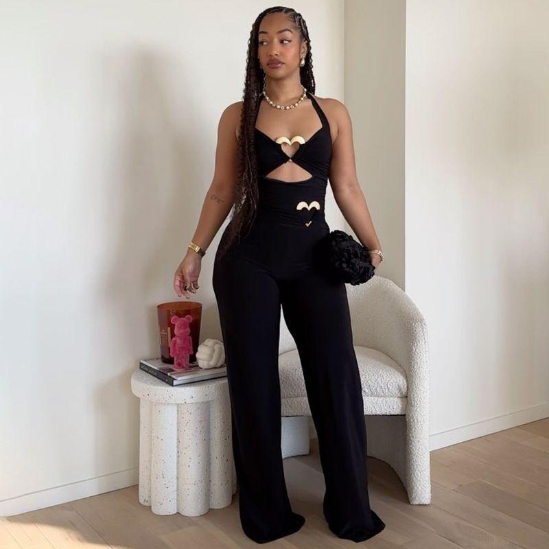 

Fashion 2025 Summer New Arrival Women s Clothing Sexy Sexy Metal Buckle Hollow Sexy Sexy Backless Halter Jumpsuit Black L
