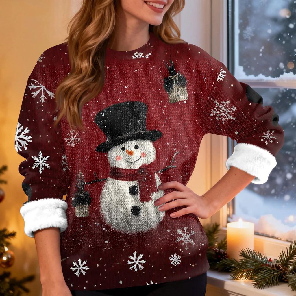 Women's Fashion Casual Long Sleeve Christmas Printed Round Neck Top Sweatshirt