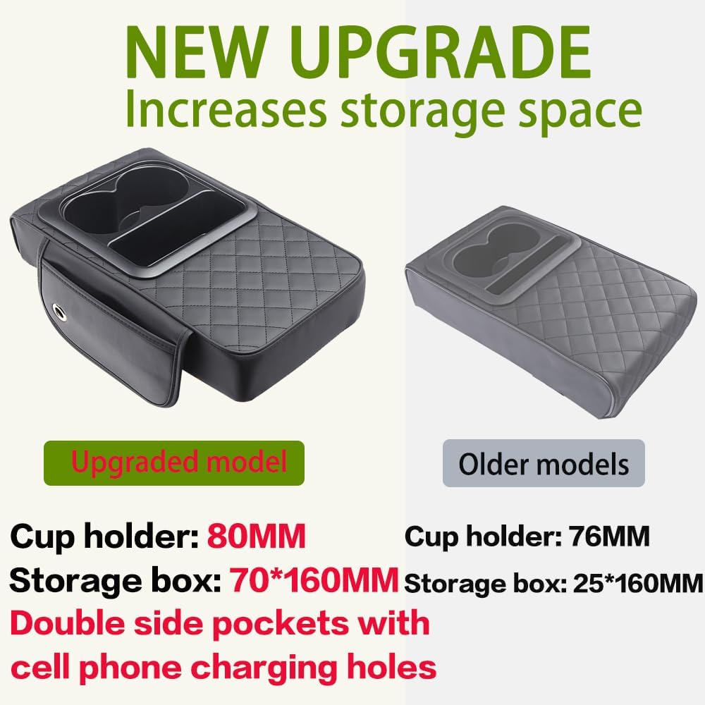Universal Car Armrest Cushion Organizer - PU Leather Center Console Pad With Cup Holder, Phone Storage & Side Pockets, Multifunctional Armrest Cover