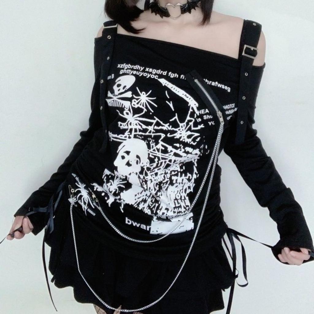 VAYLA Y2K Woman Clothing arcane stitch T-shirts Goth Punk Off Shoulder Long Sleeve Casual Vintage Sexy Streetwear Skulls tops