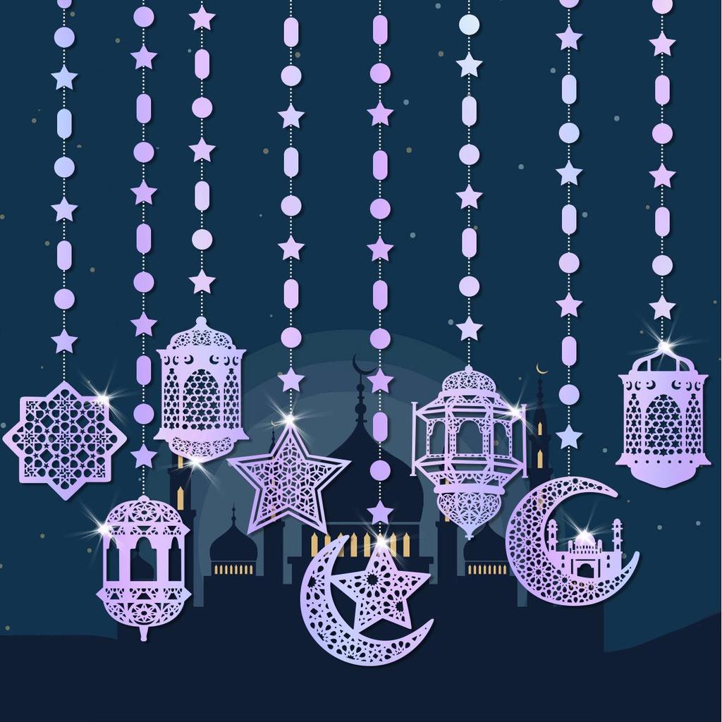 Ghirlandă Festival Orientul Mijlociu cu Stele și Lună Suspendată - Decor Lanternă Petrecere 8 buc