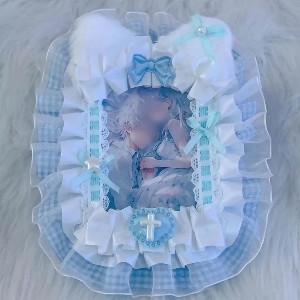 Charming Handmade Plush Rabbit Ears & Pink Lace Photo Card Holder - Canvas, Perfect for Daily Office Use