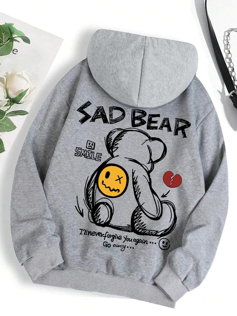 Funny Bear Cartoon Pattern Print Women Hoody Pocket Basic Versatile Top Hip Hop All-Match Comfortable Hoodie Fleece Clothes
