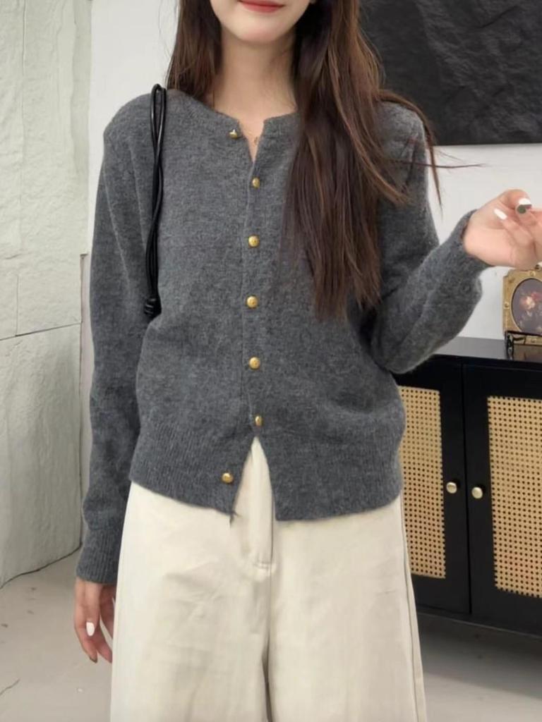 Highly Recommended! Women's Korean-Style Wool Knit Cardigan in Raspberry Color with Gold Buckle - Soft, Fluffy, High-End Sweater Coat.