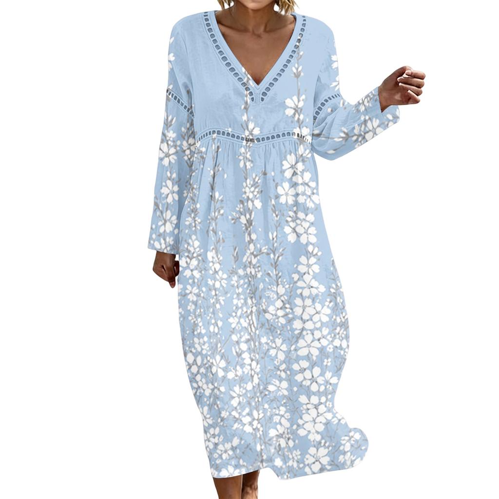 Fashionable Lady's V-neck Mid-length Casual Long-sleeved Dress