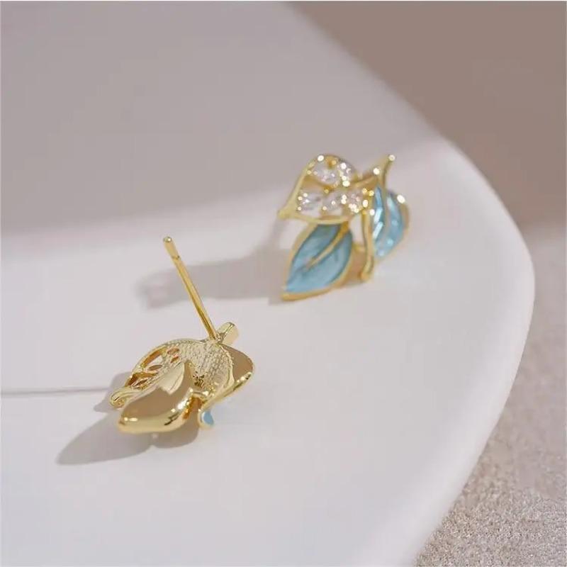 Blue Unique Leaf Earrings, Fashionable Small Fresh Earrings, Niche Light Luxury High-End Versatile Earrings
