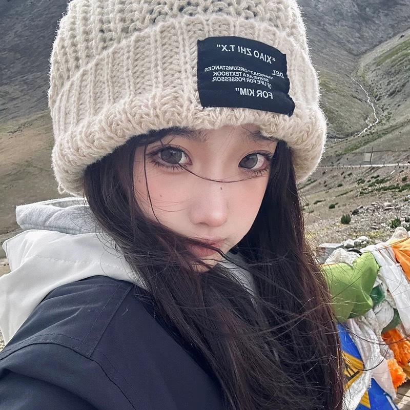 Hat Women's Autumn and Winter Trendy Patch Letter Wool Hat Men's Loose Big Head Circumference Warm Versatile Knitted Hat