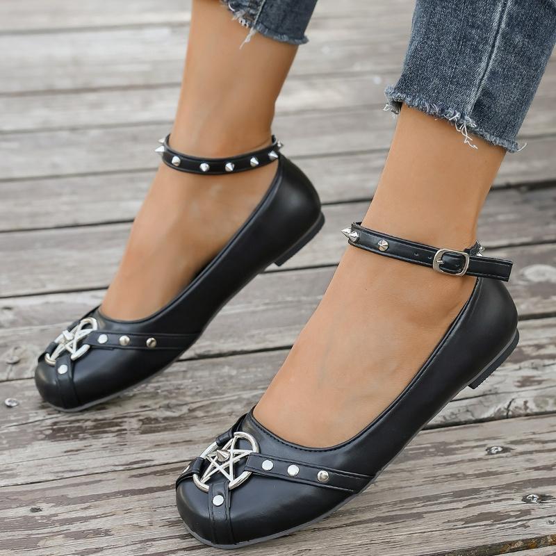 2026  Women's Mary Jane Shoes Ankle Buckle Strap Flats  Leather Rivet Belt Metal Star Gothic Lolita Shoes Soft-soled Thin Shoes