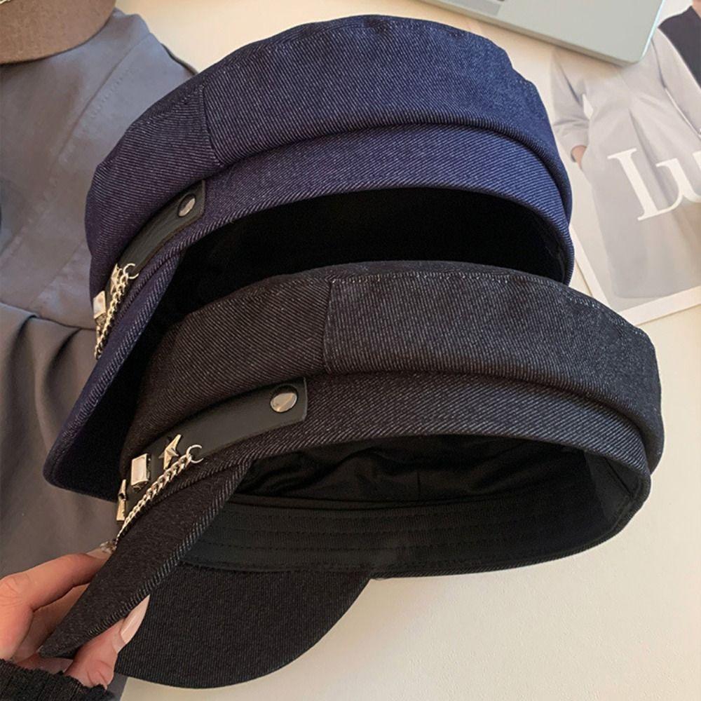 Cloth Denim Octagonal Hat Korean Style Retro Painter Hat Fashion Rivet Denim Beret  Travel
