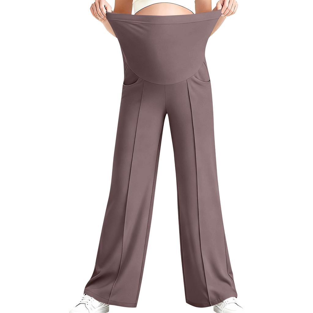 Pantaloni de yoga pentru maternitate, Cu buzunar pe burtă, Pantaloni elastici cu picior larg pentru lucru/casual, Pantaloni lounge pentru maternitate
