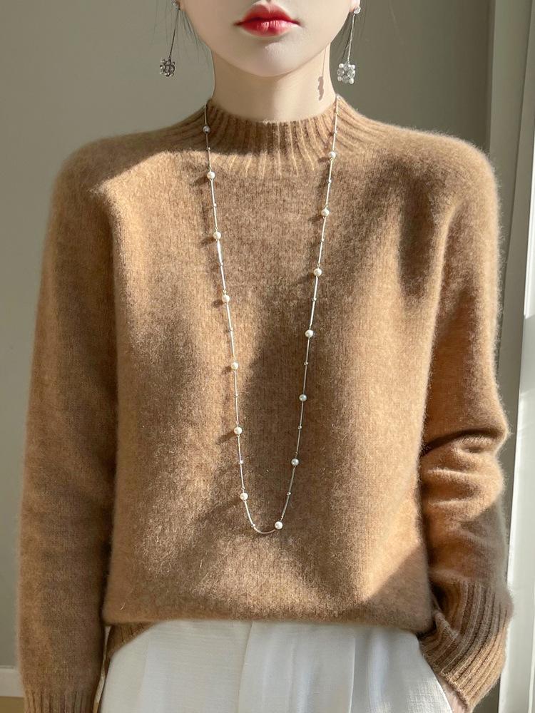 Women's Semi-High Neck Merino Wool Sweater - Autumn/Winter Collection, Versatile Knit Base Layer