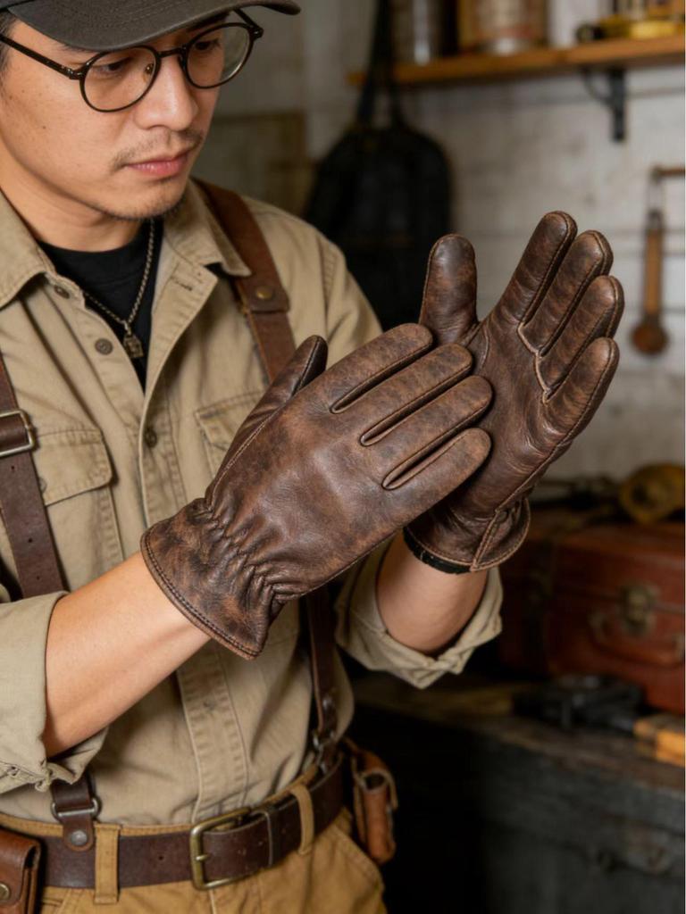First Layer Cowhide Retro Riding Gloves - Irregular Color, Outdoor Protection & Driving Handling Gloves
