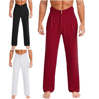 Mens Latin Ballet Dance Long Pants Back Elastic Band Side Pockets Loose Straight Trousers Rumba Dancewear