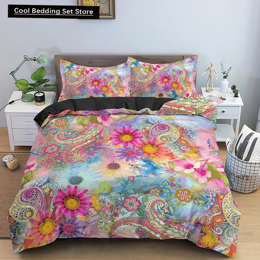 Indian Floral Style King Queen Duvet Cover Colorful Boho Mandala Bedding Set for Adults Geometric Exotic Polyester Quilt Cover