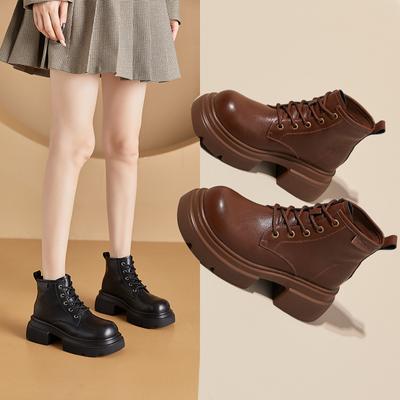 Autumn and Winter Genuine Leather Women's Platform Lace-up Small Size Women's Shoes Height Increasing Insole Casual Women's Ankle Boots Tide