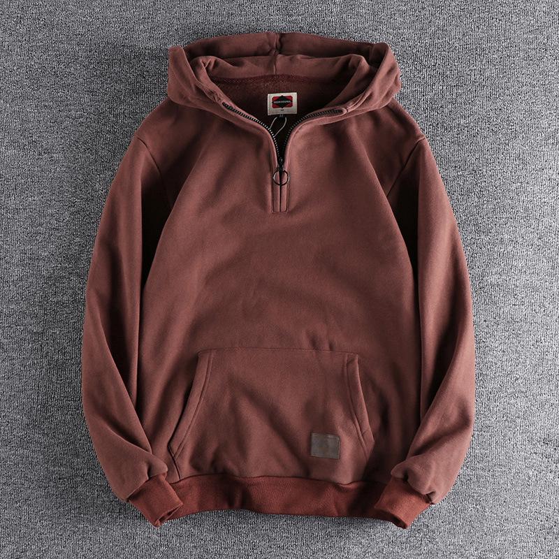 500g Heavyweight Half-Zip Men's Hooded Sweatshirt - Vintage Japanese-Style Trendy Youth Top