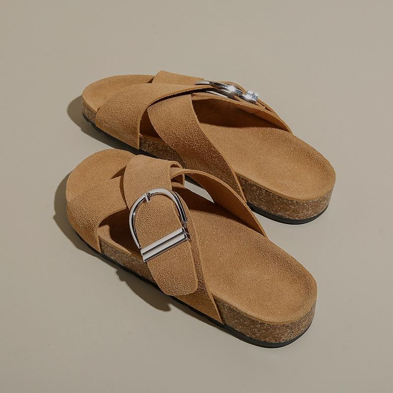 Fashion Retro Cross Band Flat Sandals for Women Buckle Decor Thick Sole Platform Slippers Woman 2025 Summer Comfort Non Slip Beach Shoes