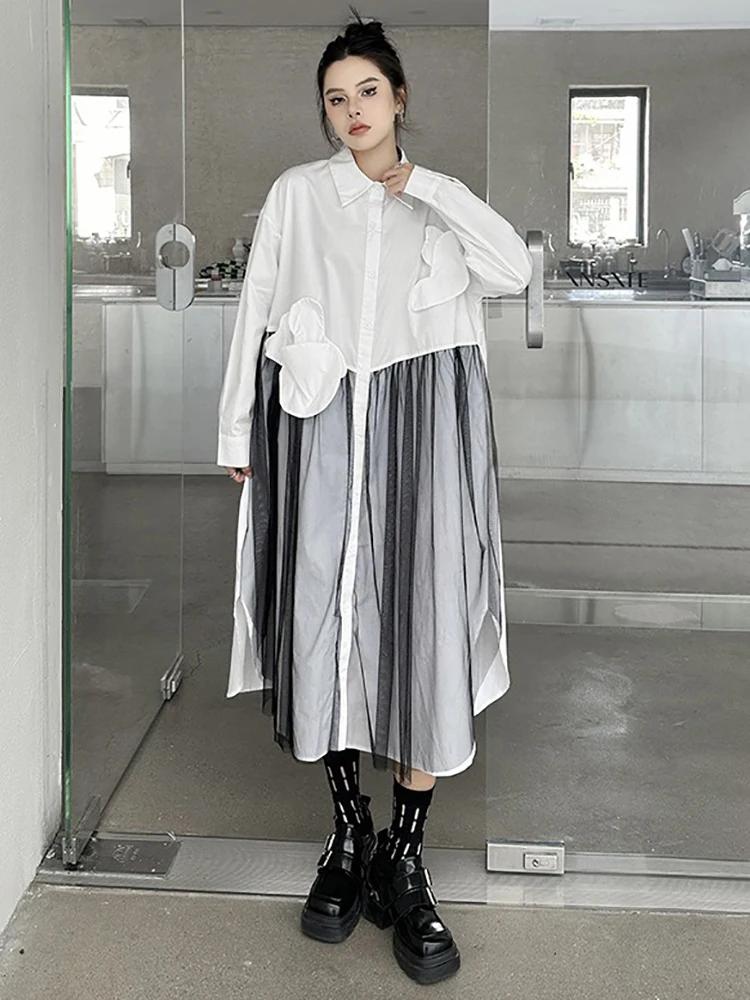 Xitao Patchwork Mesh Flower Fold Single Breasted Dress GMM1160