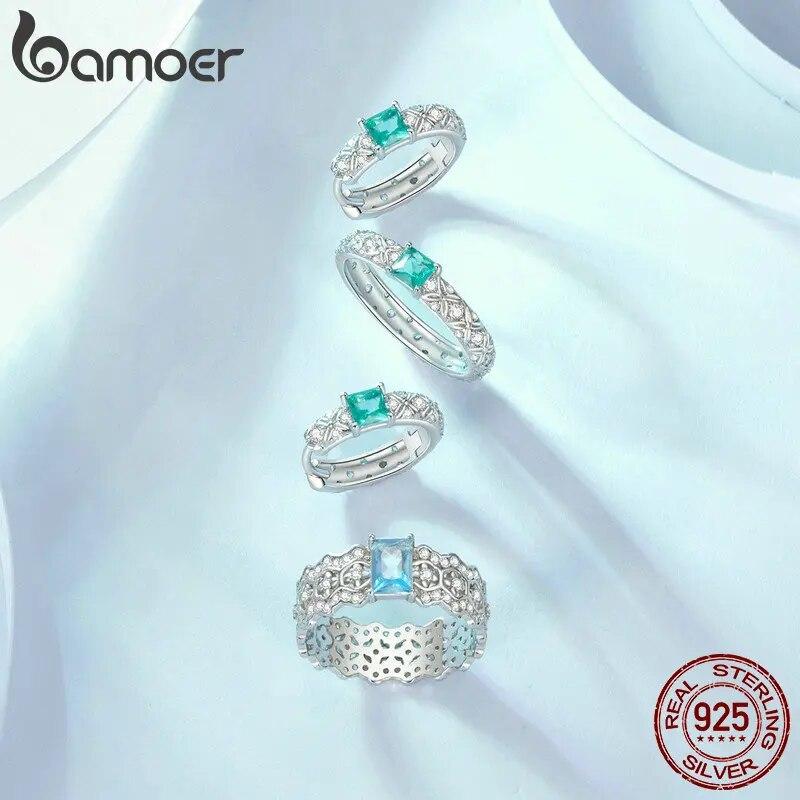 BAMOER 925 Sterling Silver Dainty CZ Lace Ring Platinum Filled Chunky Simple Intricate Texture Elegant Band