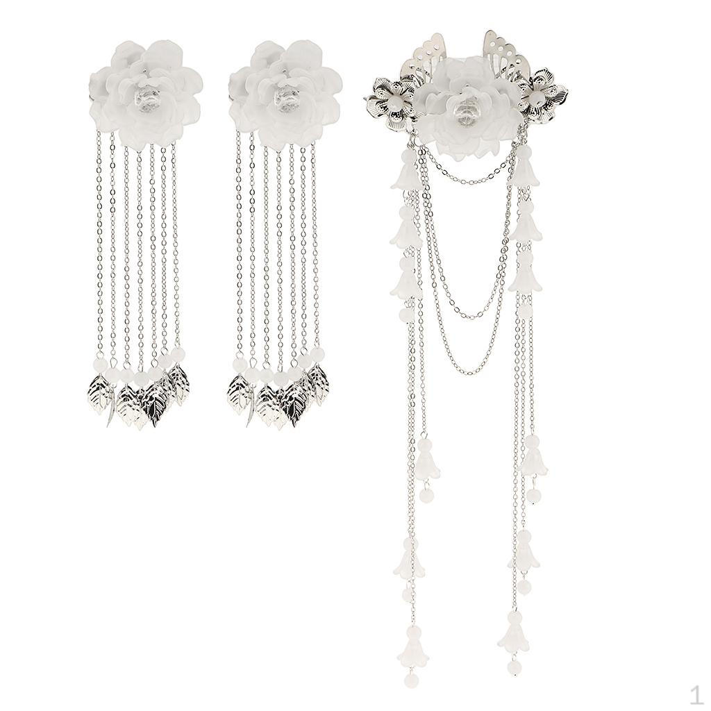 

3 шт. Заколка в форме цветка с длинными металлическими кисточками и шариками для украшения волос - белый