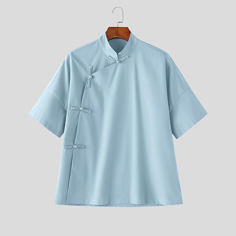 INCERUN Summer Men Stand Neck Short Sleeve Side Buttons Casual Vintage Shirts Tops