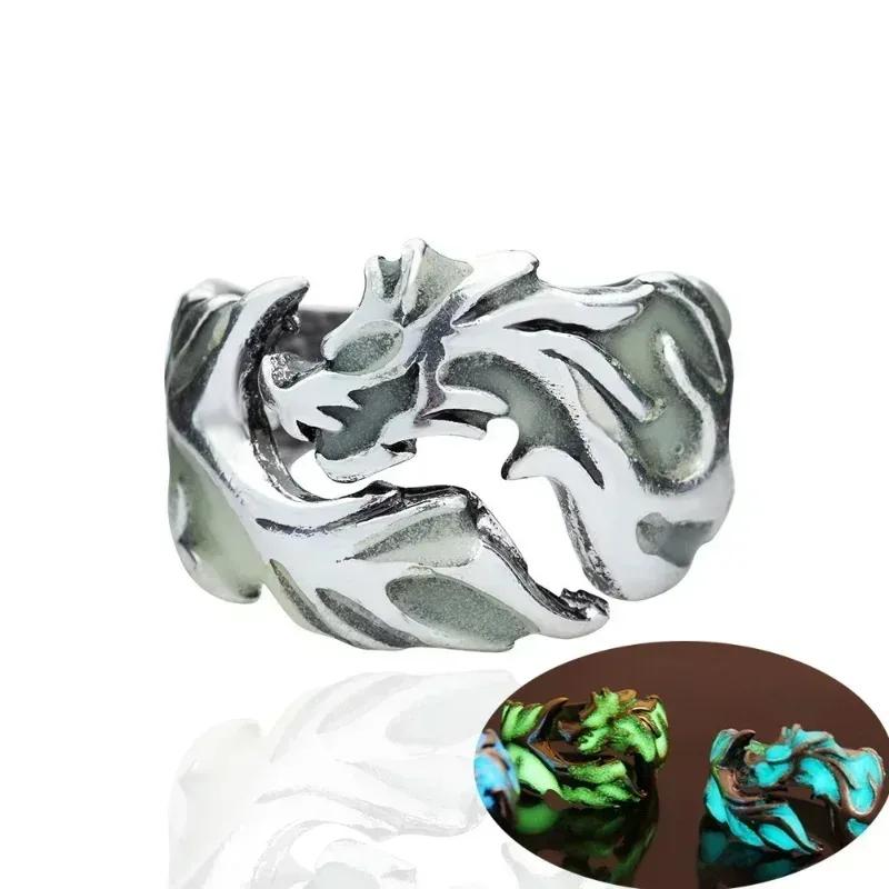 Domineering Vintage Luminous Dragon  Rings Gothic Adjustable Men Rings Unique Boys Fashion Jewellery Gift
