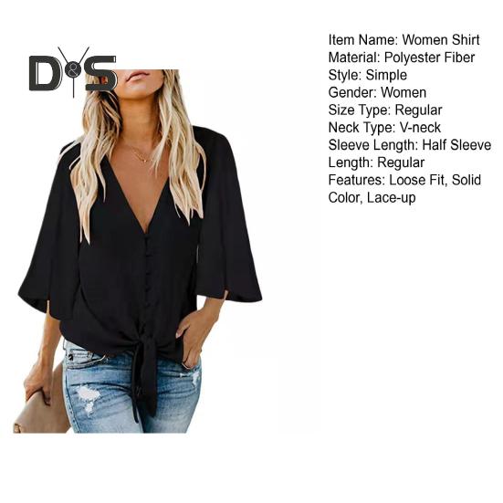 Women Summer Shirt V-neck Half Sleeve Buttons Placket Lace-up Shirt Tops Solid Color Loose Fit Commuting Style Shirt