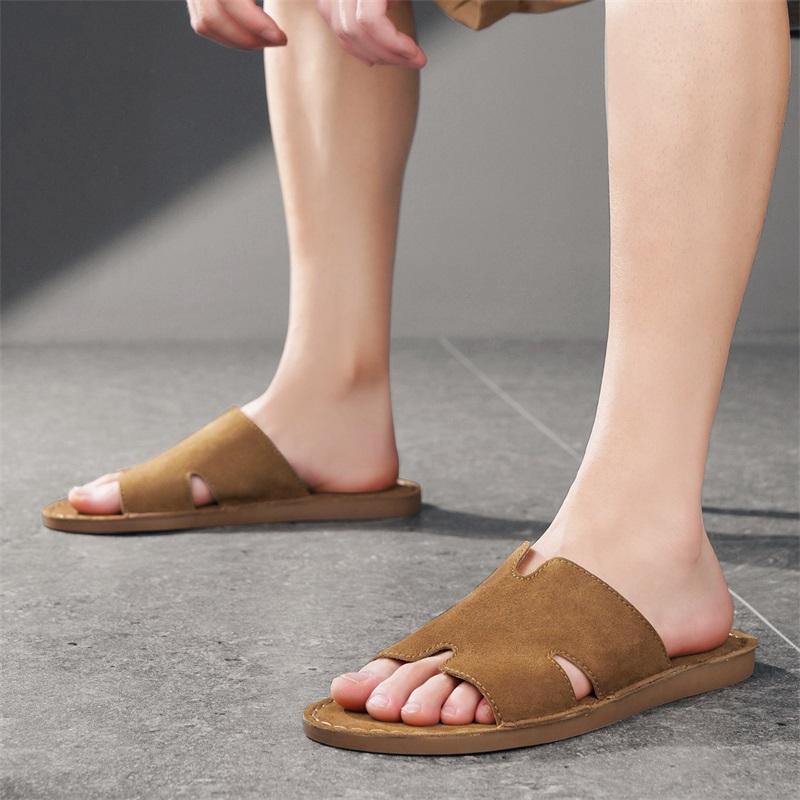 Luxury Suede Leather Summer Men Slippers Breathable Lightweight Comfortable Non Slip Beach Shoes Casual Outdoor Sandals Big Size